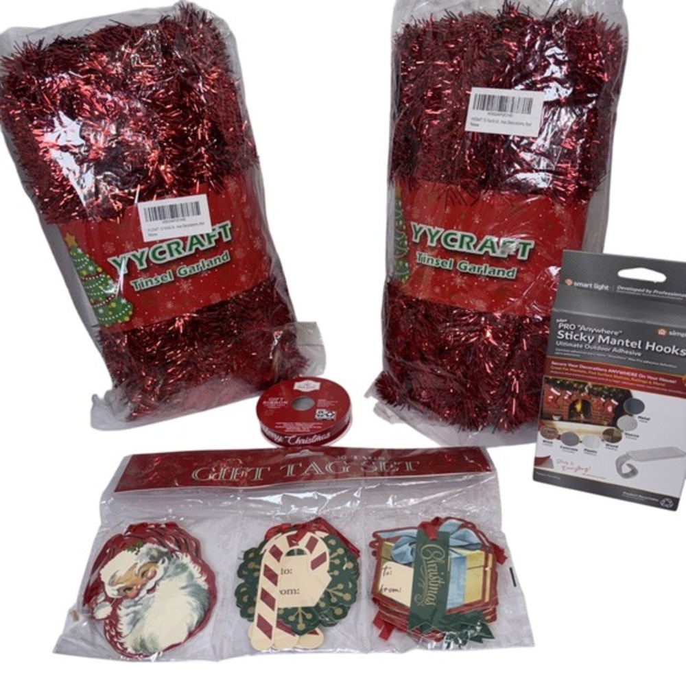 Christmas Decor Bundle Red Tinsel Garland Gift Tags Ribbon Sticky Mantel Hooks
